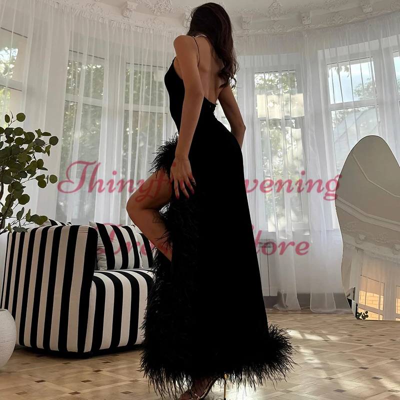 Thinyfull preto sereia vestidos de baile alças espaguete veludo pena vestido de noite arábia saudita cocktail vestidos de festa personalizado