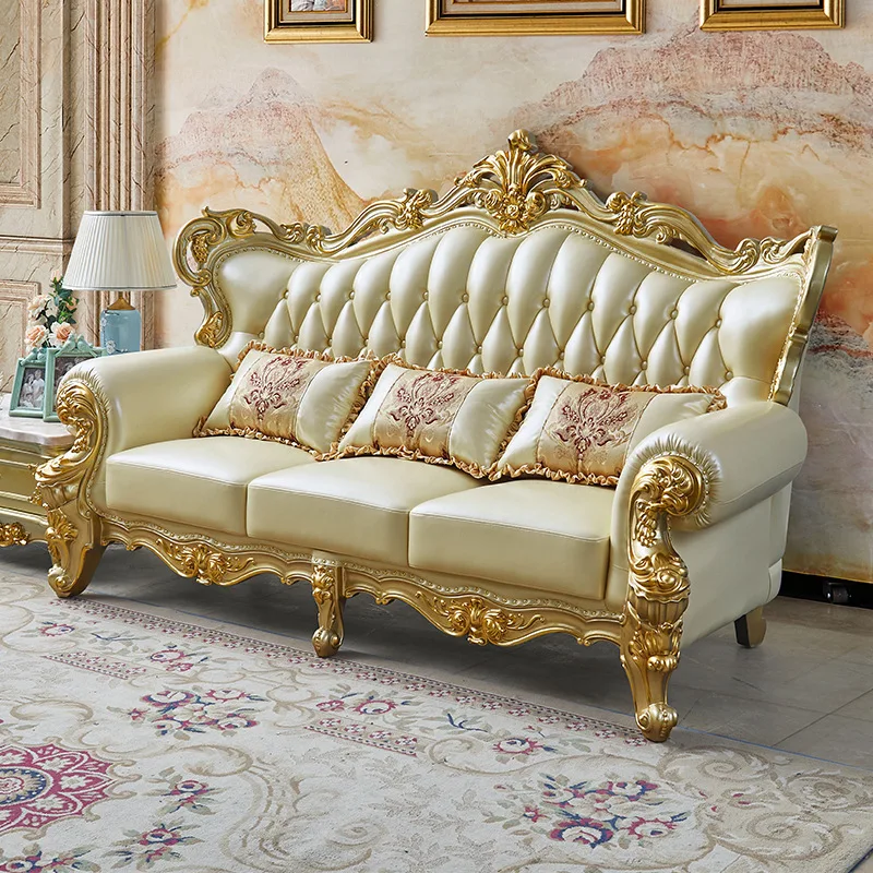 European Solid Wood Sofa Top Layer Leather 123 Combination High-end Champagne Villa Apartment Living Room Double-sided Carved Fu