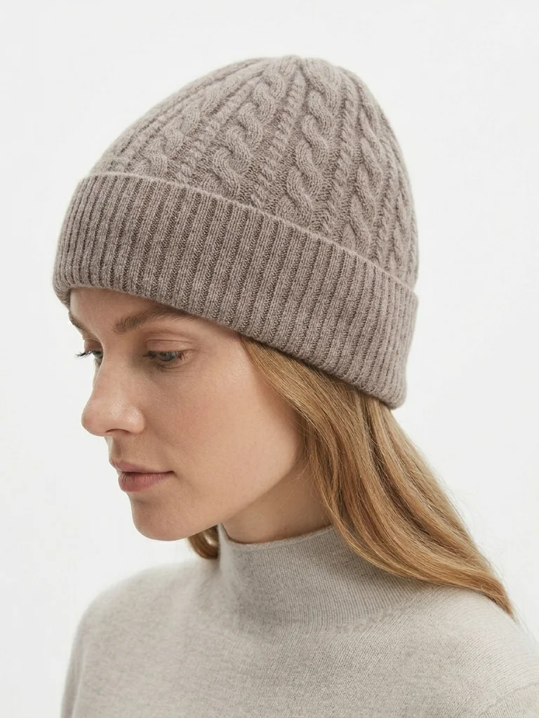 Cable Knit Cashmere Beanie Women Warm Winter Hat Bonnet
