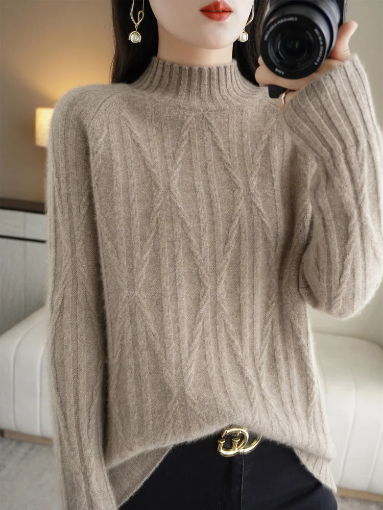 

Addonee Autumn Winter Women Cashmere Sweater 100% Merino Wool Pullover Mock Neck Knitwear Soft Jumpers High Quality Tops Cloth