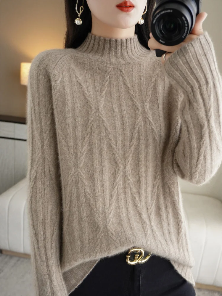 Addonee Autumn Winter Women Cashmere Sweater 100% Merino Wool Pullover Mock Neck Knitwear Soft Jumpers High Quality Tops Cloth