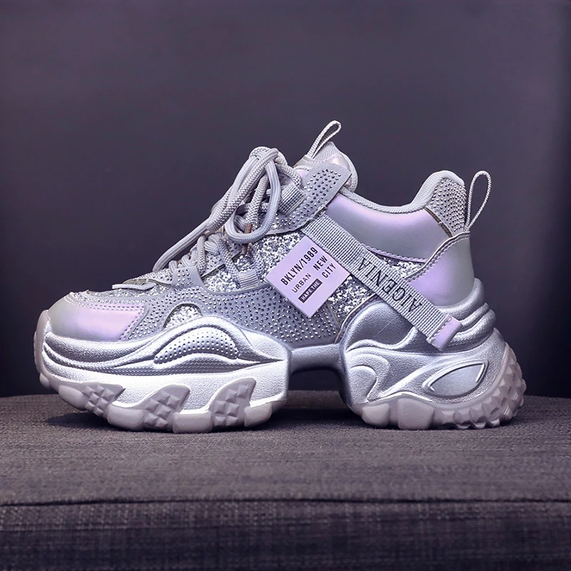 

7 CM Shoes For Women New Shiny Rhinestone Women's Sneakers Autumn Korean Fashion Thick Sole Sports Shoes Zapatos De Mujer