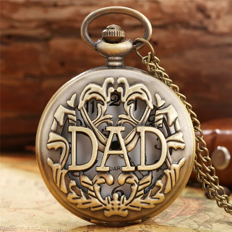 

Bronze Pocket Watch Hollow Dad Design Cover Retro Quartz Watches To Father Pendant Necklace Chain Clock Gift for Daddy Reloj