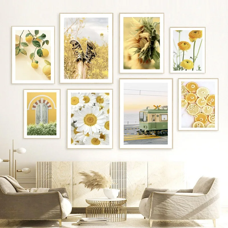 Nordic Spring Landscape Printing Poster Field Train Picture Orange Lemon Sunflower Painting Mall Background Wall Decoration