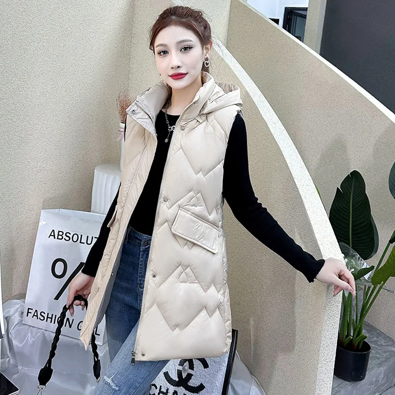 Women Mid Long Coat Vest New Autumn Winter Sleeveless Warm Cotton Padded Coat Waistcoat Hooded Vest Down Cotton Jacket Outwear