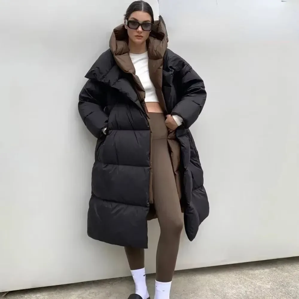 2025 Women Winter Thickness Warm Long Puffer Coat Fluffy White Duck Down Jacket Hooded Female Fashion Fake Two-piece Parkas