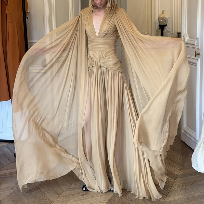 Elegant Mesh Patchwork Batwing Collar Shape Party Dress Woman Fashion Folds Mesh Slim Dresses Sexy V-Neck Ruched Long Gown Dress