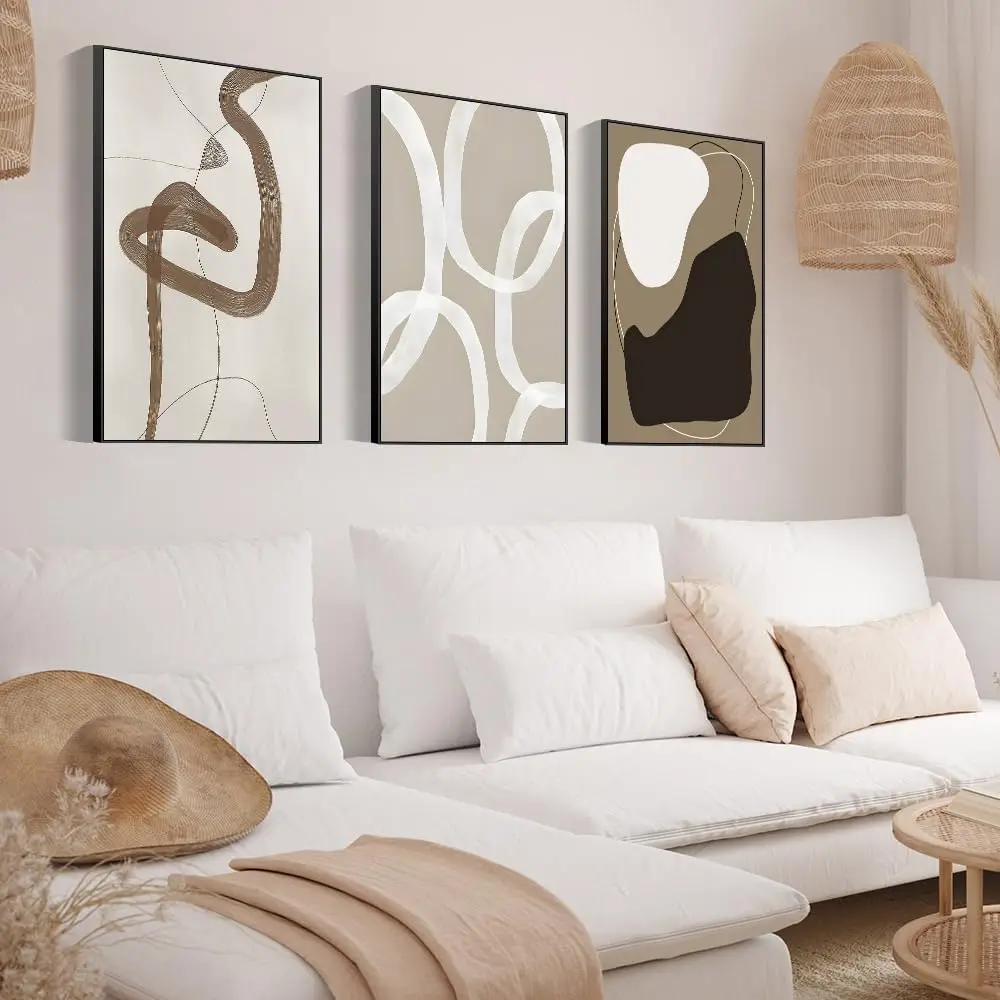 

Wall Art Framed Canvas Print Set Paint Strokes Abstract Shapes Illustrations Minimalism Bohemian Black White Grey Modern Style A