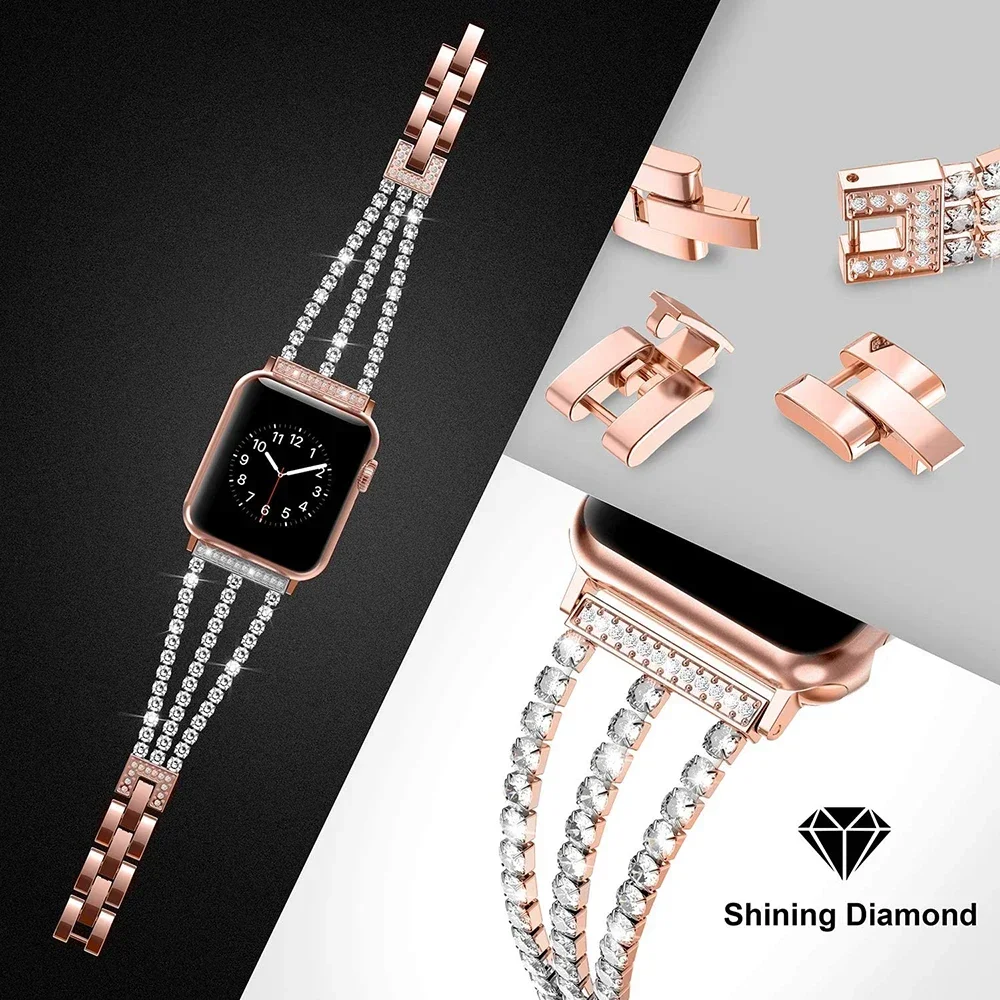 Diamond Strap For Apple Watch Ultra 2 1 Band 49mm 45mm 44mm 40 42mm 41mm 46mm Chain Link Bracelet For IWatch 10 9 8 7 6 SE Strap
