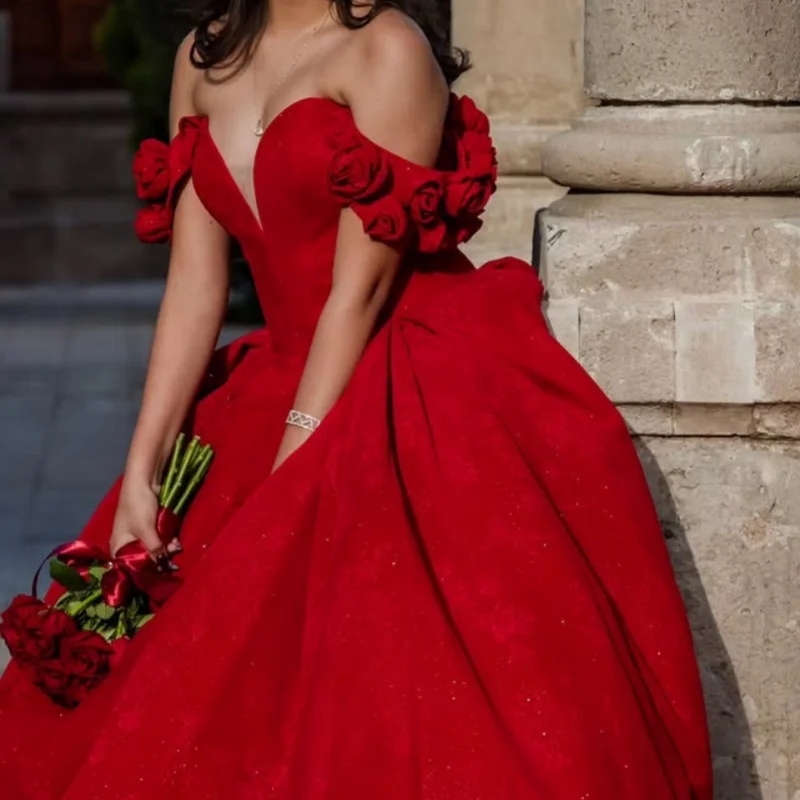 

Customized Red Quinceanera Dresses Off the Shoulder 3D flower Long tail Tull Bow Vestido 15 Quinceanera