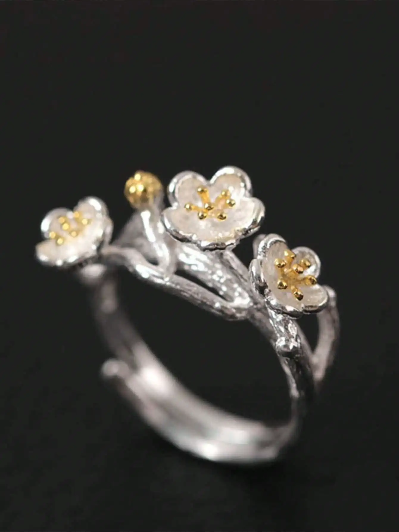 

Real 100% 925 Sterling Silver 18k Gold flower Open Rings For Women Elegant Forest style Fine Jewelry Party