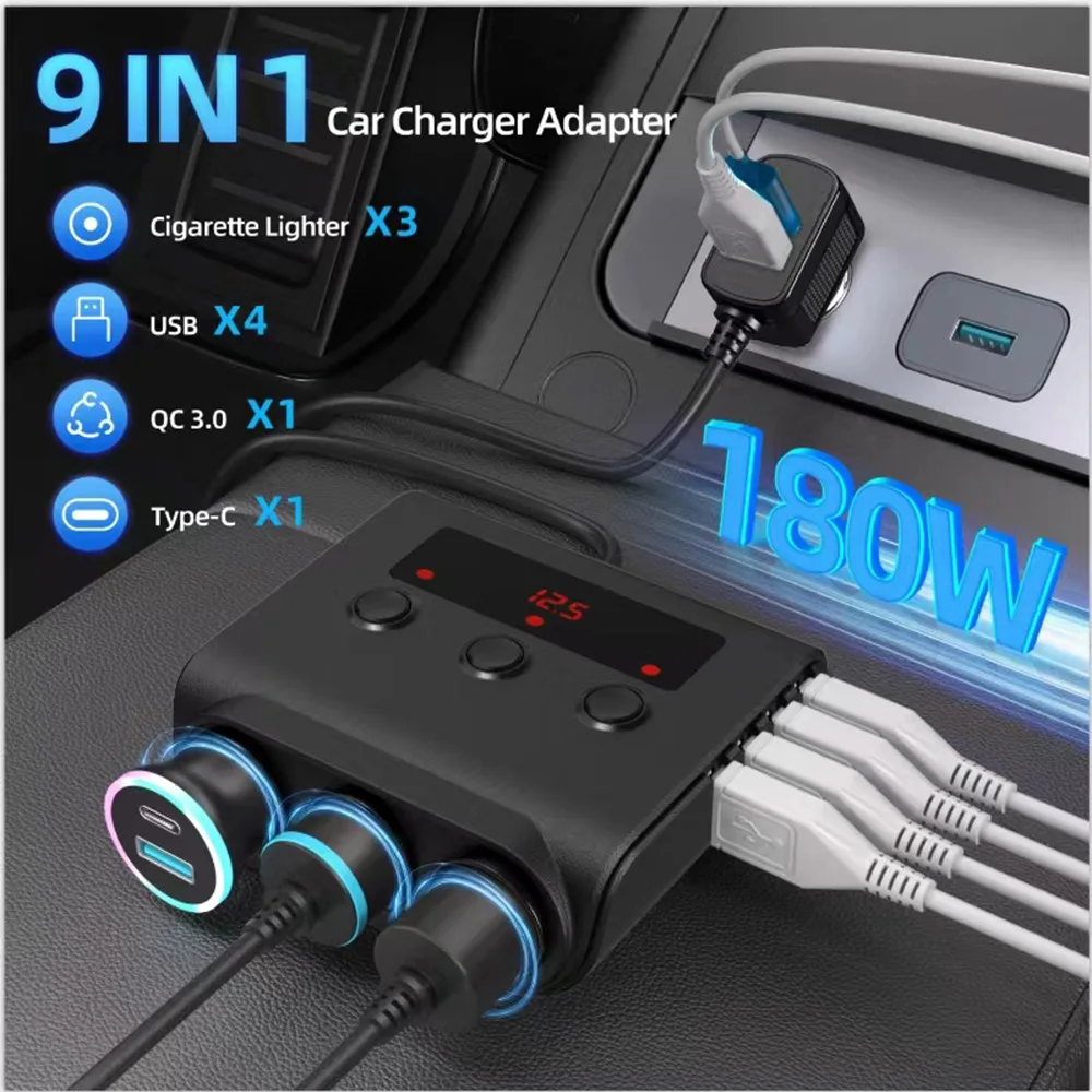 

TR12P 180W 9in1 4 Usb Ports Car Charger QC3.0 Quick Charge Cigarette Lighter Adapter, 12V/24V 3-Socket Power Splitter Dc Outlet