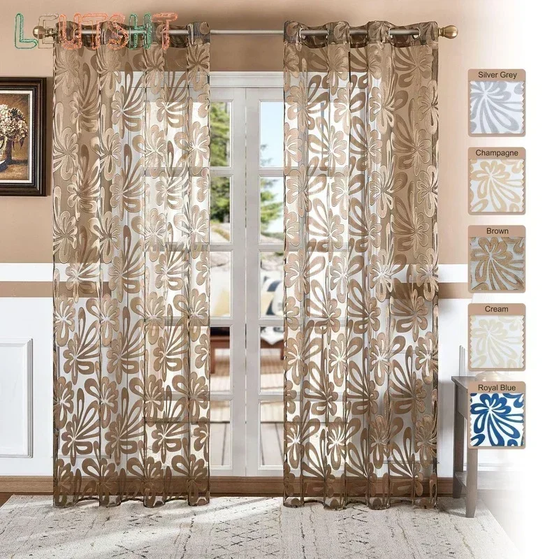 

European-style Curtains for Living Dining Room Bedroom Palm Jacquard Tulle Window 6 Colors Optional Sheer Curtains Custom size