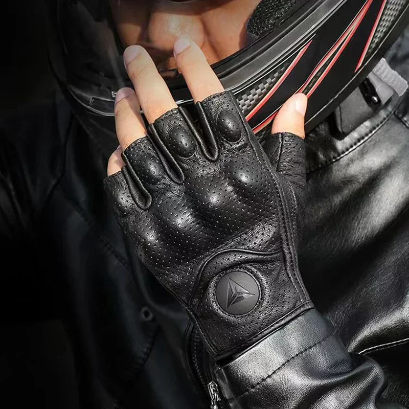 Half Finger Motorcycle Gloves Leather Guantes Moto Cycling Fingerless Gloves Retro Gloves Breathable Summer Gloves