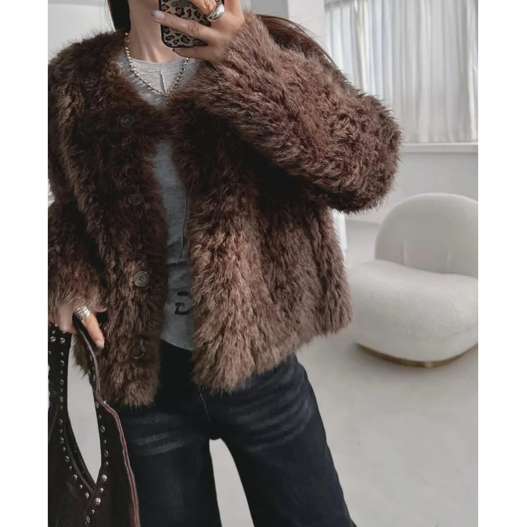 Abrigo de piel cálido Retro elegante para mujer, bonito abrigo esponjoso antienvejecimiento a la moda, abrigo coreano Sle para primavera Otoño Invierno