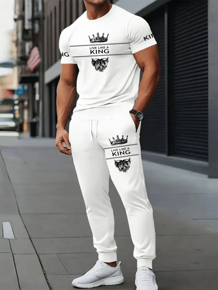 Simple couronne 3D imprimé décontracté hommes mince à manches courtes et pantalons longs, rue urbaine décontracté hommes 2 pièces mince pantalons longs ensemble