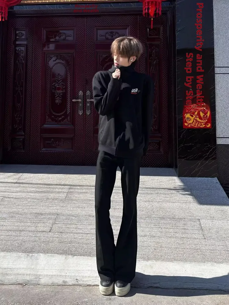 

Cleanfit Men's Bla Straight Leg Pants mid Waist Zipper Fly Slight Stretch High Street Sle Long Leg Visual Effect