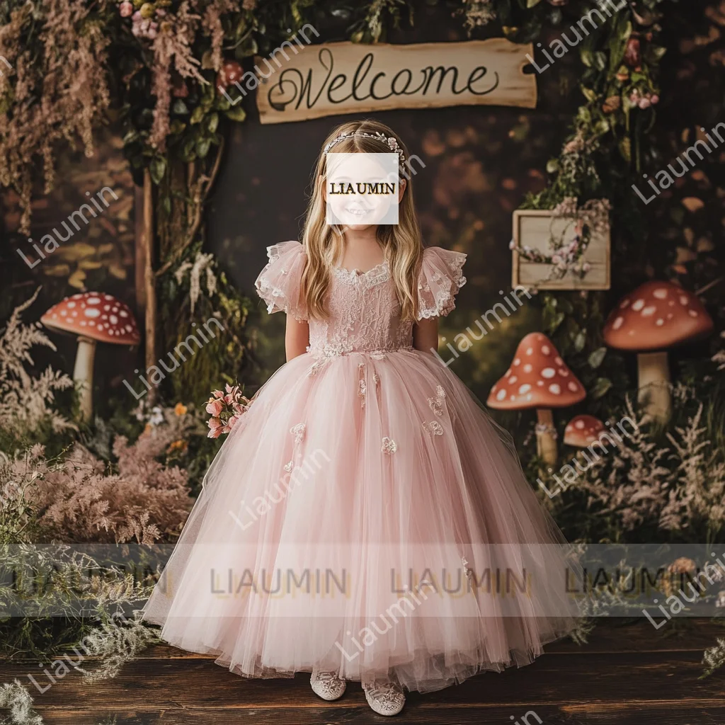 결혼식을위한 핑크 꽃의 소녀 드레스 Tulle 공주 레이스 짧은 소매 거룩한 첫 성찬식 가운 미인 대회 의류 맞춤형 G3