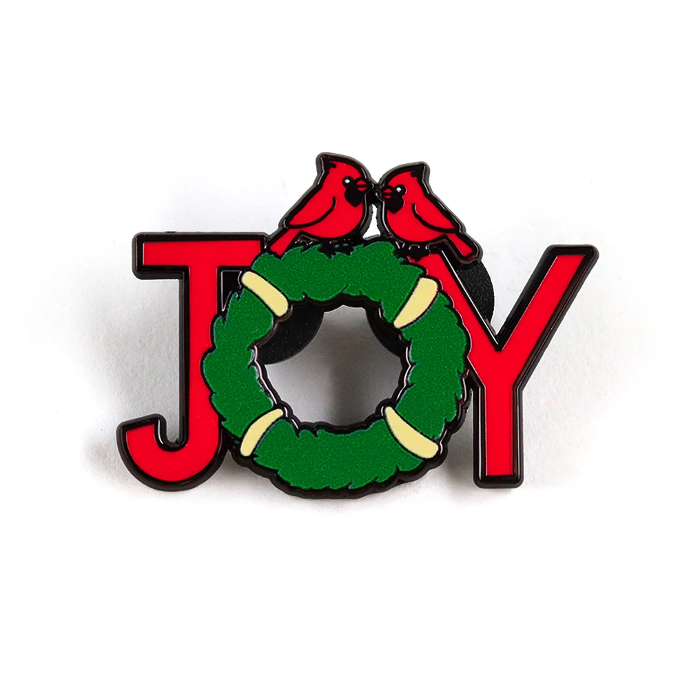 Christmas JOY Themed Brooch Cardinals Wreath Festival Badge Holly Wreath Design Enamel Pin Winter Atmosphere Accessories Gift
