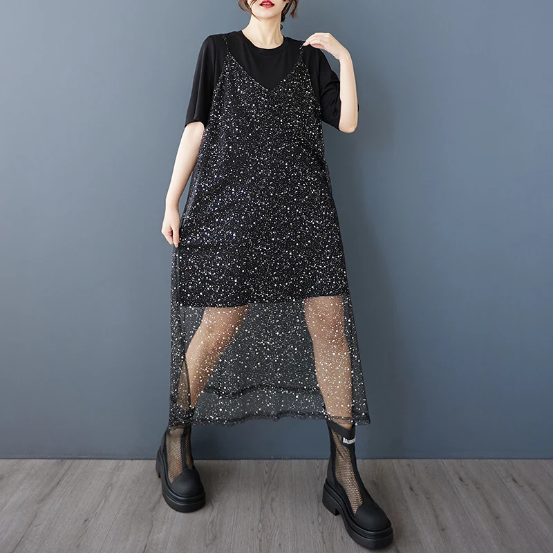 Été nouveau Design ample k Faion argent Me sangle couleur Pure t-shirt deux pièces ensemble jupe Midi boutonné tenues pour femmes