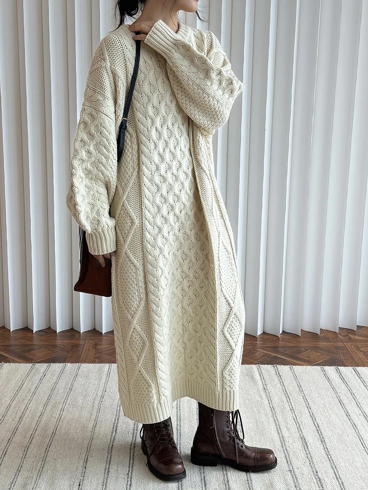 [EAM] Women Beige Thick Big Size Knitting Long Elegant Dress New Round Neck Long Sleeve Fashion Tide Autumn Winter 2024 1DH7729