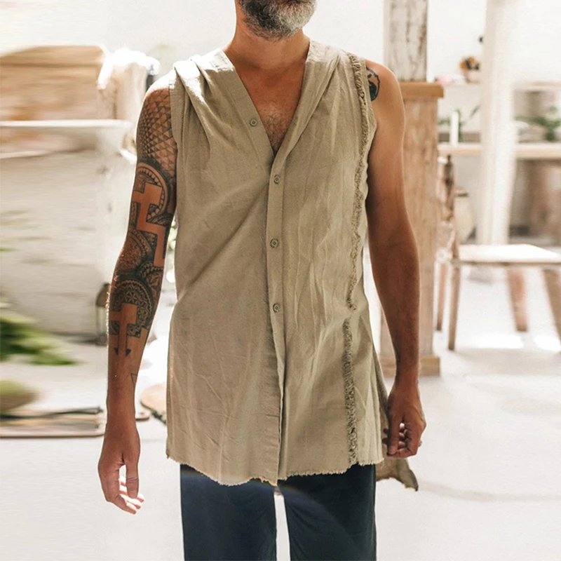 Vintage Graphic Print Cotton Linen Vest Shirt Men Summer Casual Loose Sleeveless Ripped Design Hooded Shirts Streetwear Mens Top