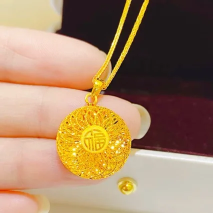 AU999 pure gold necklace, a lifetime of happiness, 24K real gold hollow filigree round pendant, a great gift for women