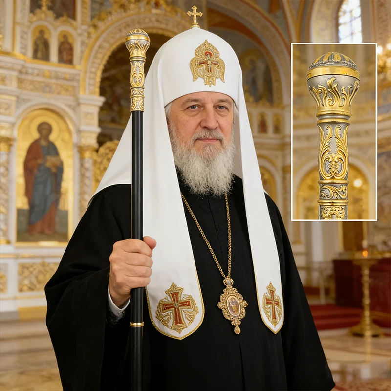 Gold Plated Orthodox Church Bishop Staff with Carved Patterns for Clergy Liturgy Home Altar Prayer Devotion Christian Gift Decor