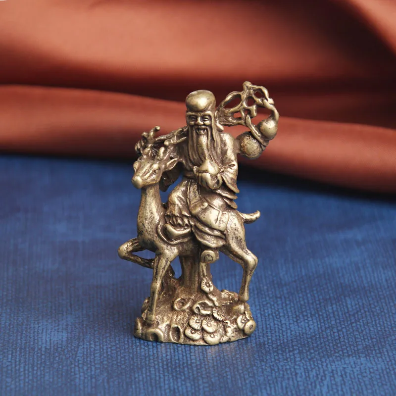 Pure Brass Antarctic Immortal Desktop Ornament Fortune and Prosperity Riding Deer Longevity Buddha Statue Blessing Decoration Ol