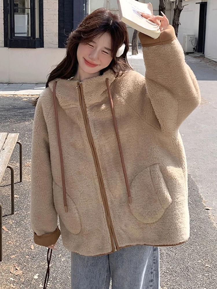 Korean Lazy Sle Hooded Lamb Fur Jaet Women's ort Warm Cotton Coat Zipper Casual Outerwear Spring Autumn Winter New Arrival
