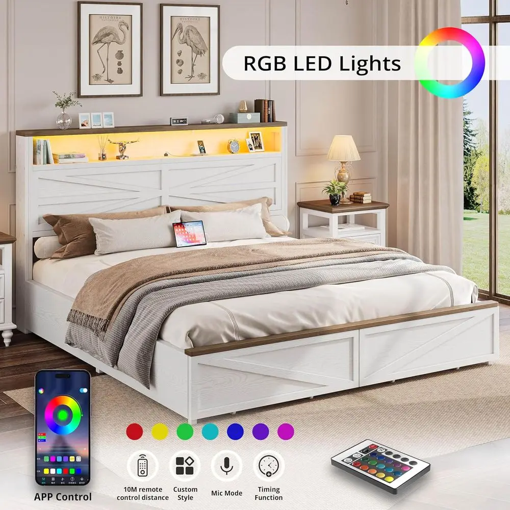سرير تخزين بإضاءة LED بحجم كينج مع قاعدة شحن ودرجين، نمط باب الحظيرة الخشبي الأبيض #4