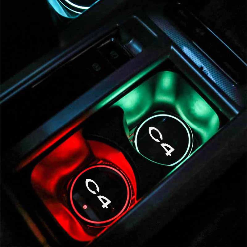 2 Pcs Car Cup Holder Coaster for Citroen C4 with 7 Colors Changing USB Charging Mat Cup Pad Insert LED Interior Atmosphere Lamps