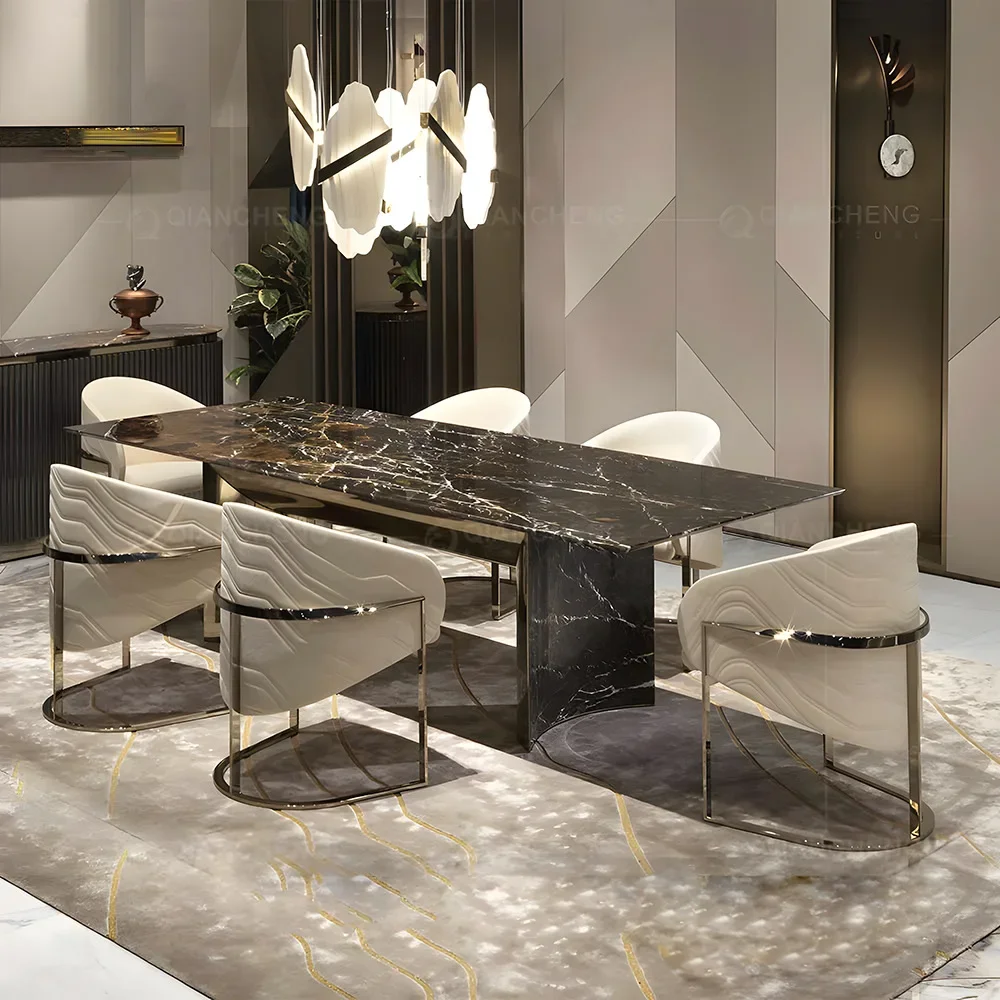Italian minimalist marble large apartment villa rectangular eating table modern light luxury dining table and chair combination