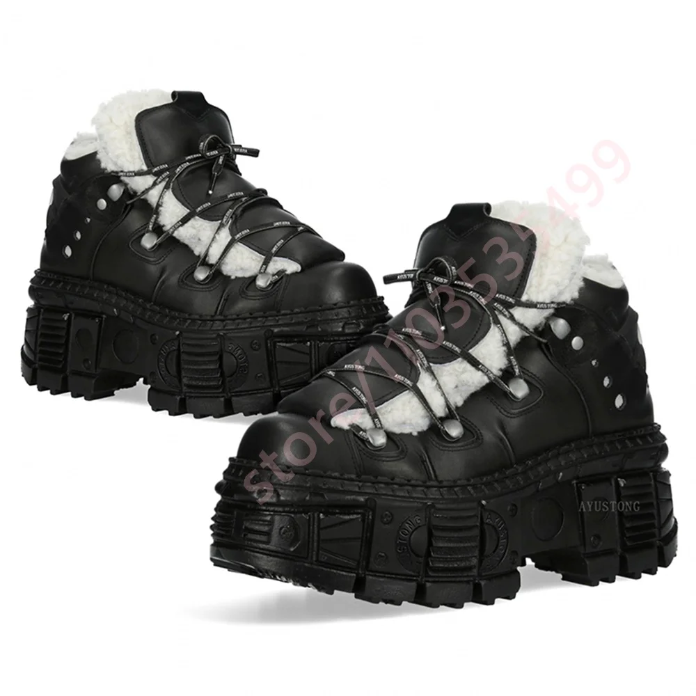 

Черные плюшевые зимние ботинки на платформе с круглым носком, новые зимние ботильоны в стиле уличного панк-рок 2025 года, модные женские повседневные ботинки на шнуровке