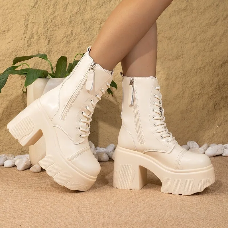 Y2K Women Thick Chunky Platform Combat Boots, Lace‑Up Side Zipper High Block Heel Ankle Boots Height Increasing