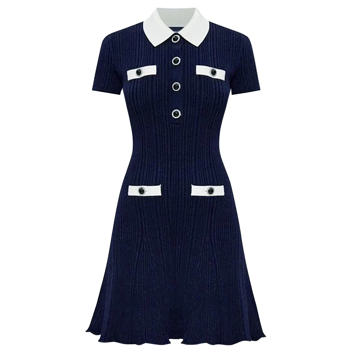 

High Quality Summer New Short Sleeved Socialite Color Blocked Button Knit Elastic Stripe Short Slim Fit Women's Dress