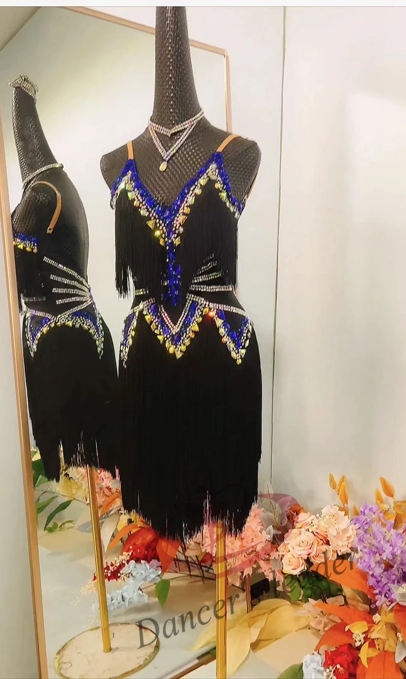 Latin Dance National Standard Dance Competition High-end Dress Custom Tassel Suspender Blue Diamond Samba Style Standard Dress