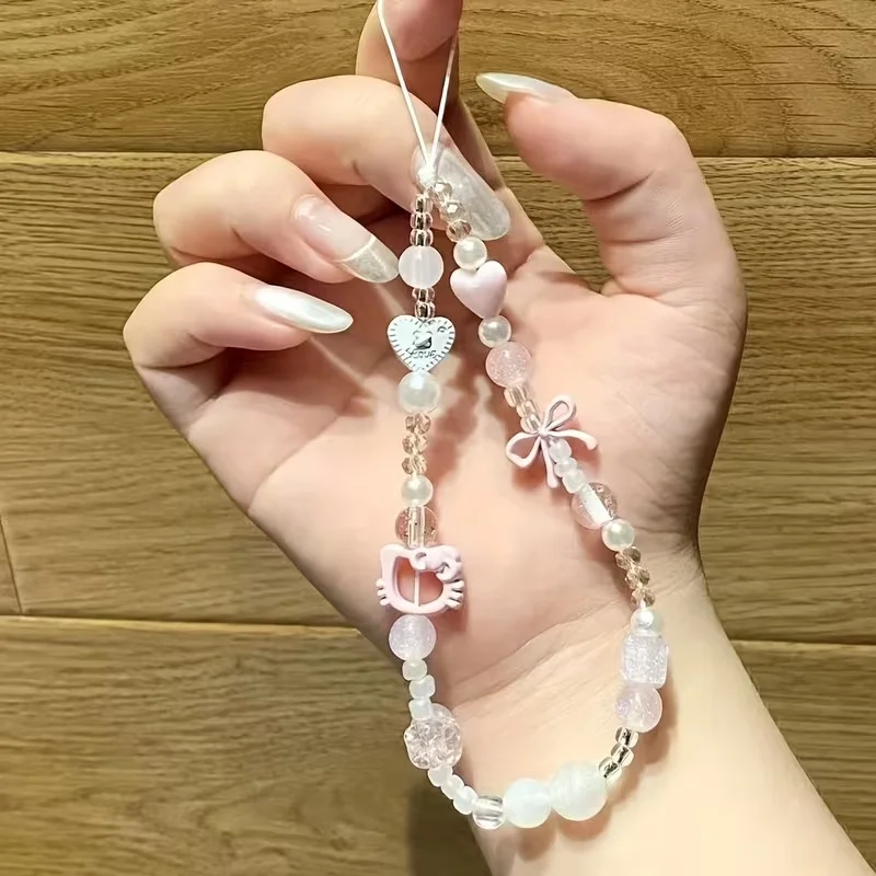 3D Pink Butterfly Flower Hellokitty Cute Phone Chain Charm Lanyard For iPhone Samsung Universal Anti-Loss Hanging Rope Jewelry