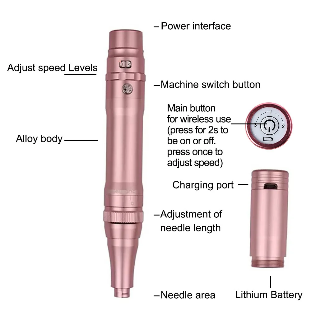 Rose Gold Professional Wireless Permanent Makeup Machine Pen Beauty Eyebrow Tattoo Machine Needles