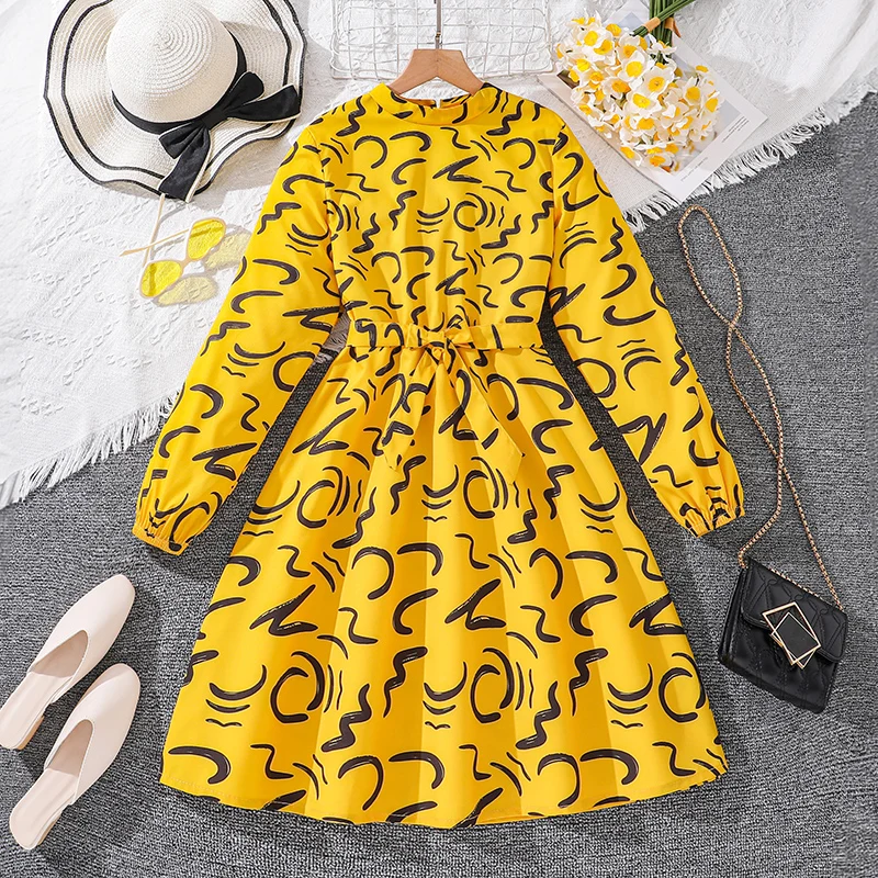 Spring And Autumn Girls Dress 8-12 Age O-neck Black Random Graphic Yellow Long-sleeved Dress