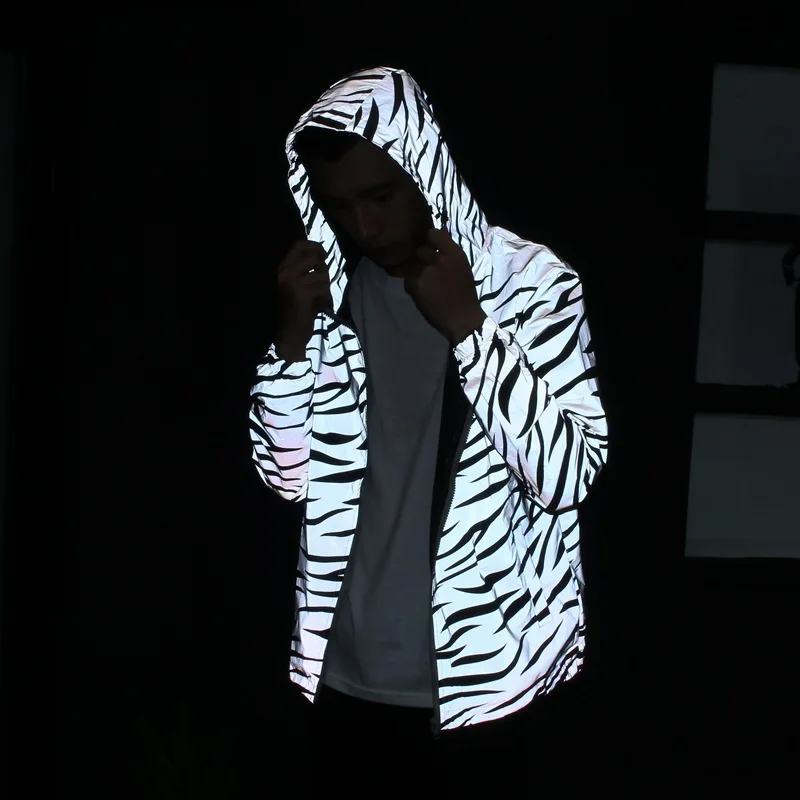 

Unisex Photoluminescent Zebra Windbreaker Reflective Stripe Hooded Jacket Utility Pockets Lightweight Nightlife Outerwear Unique