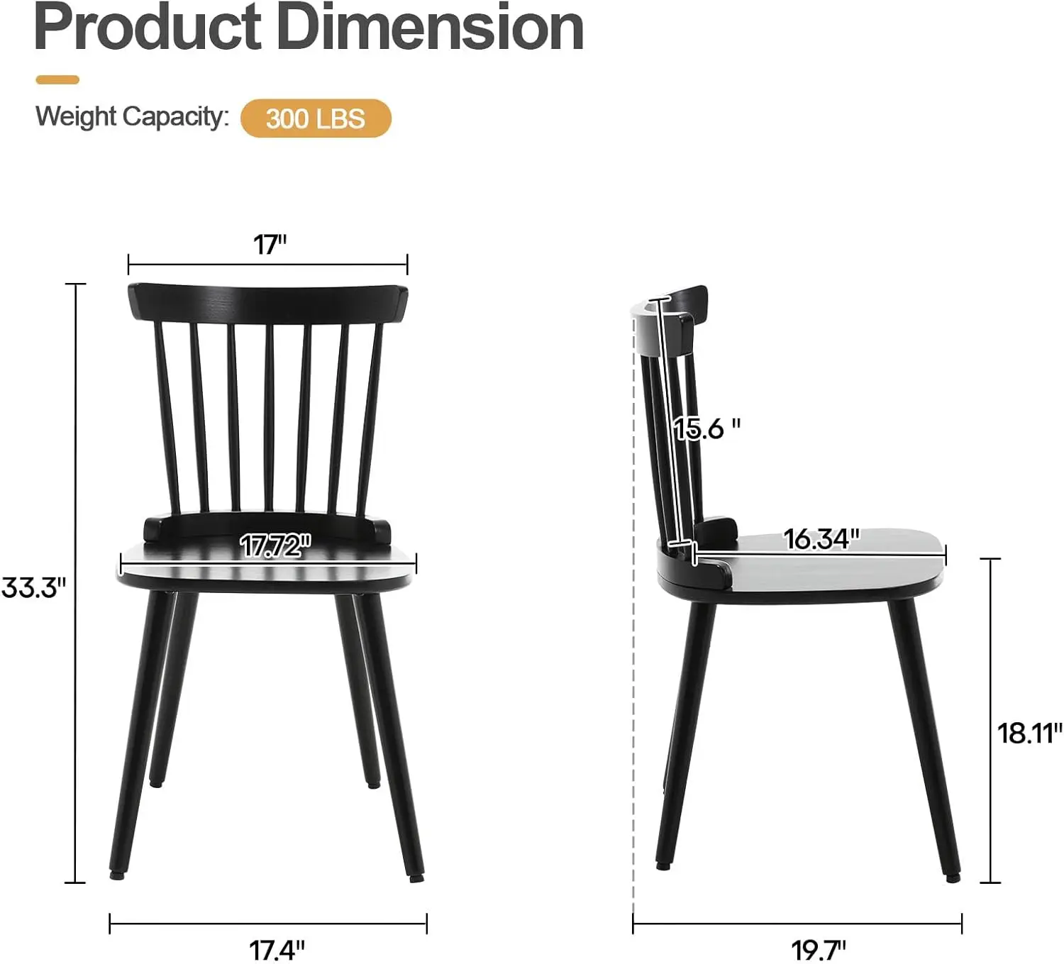 Ensemble de 6 chaises de salle à manger en bois massif de ferme, chaise d'appoint moderne du milieu du siècle, chaise de cuisine noire sans accoudoirs pour salle à manger