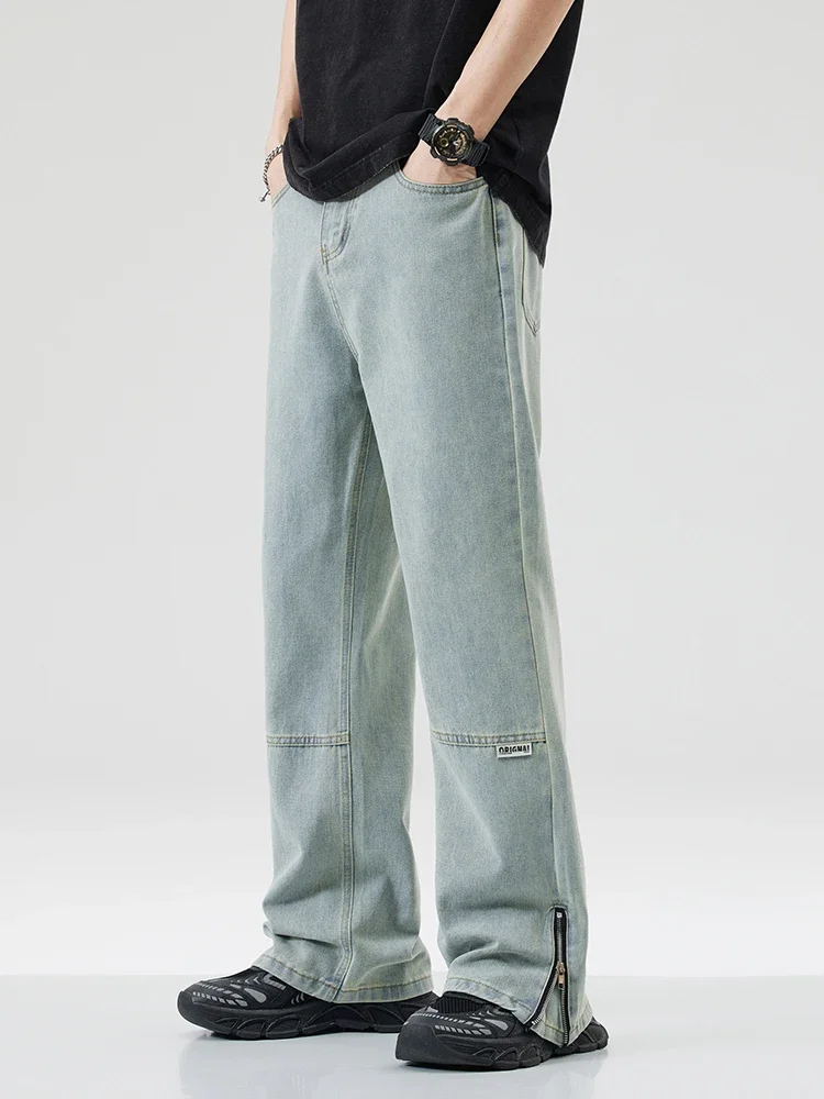 

Pop Streetwear Zipper Jeans Men's Y2k Pants Korean Vintage Fashion Casual Straight Wide Baggy Denim Trousers Male Clothes