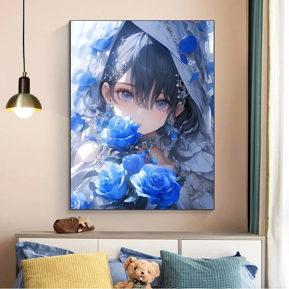 Cartoon Anime 5D DIY Diamond Painting Girl Blue Rose Rhinestone