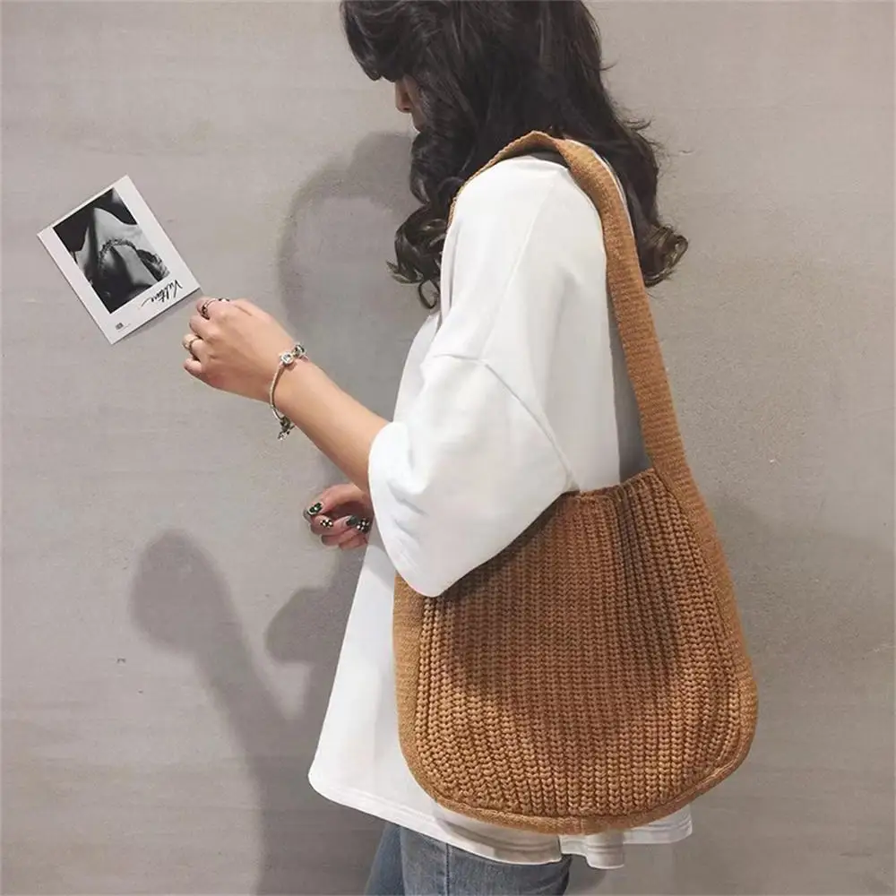 

Women Knitted Shoulder Bags Large Capacity Weave Shopping Crossbody Handbag Female Shopping Woven Handbag Girls Travel Totes Bag