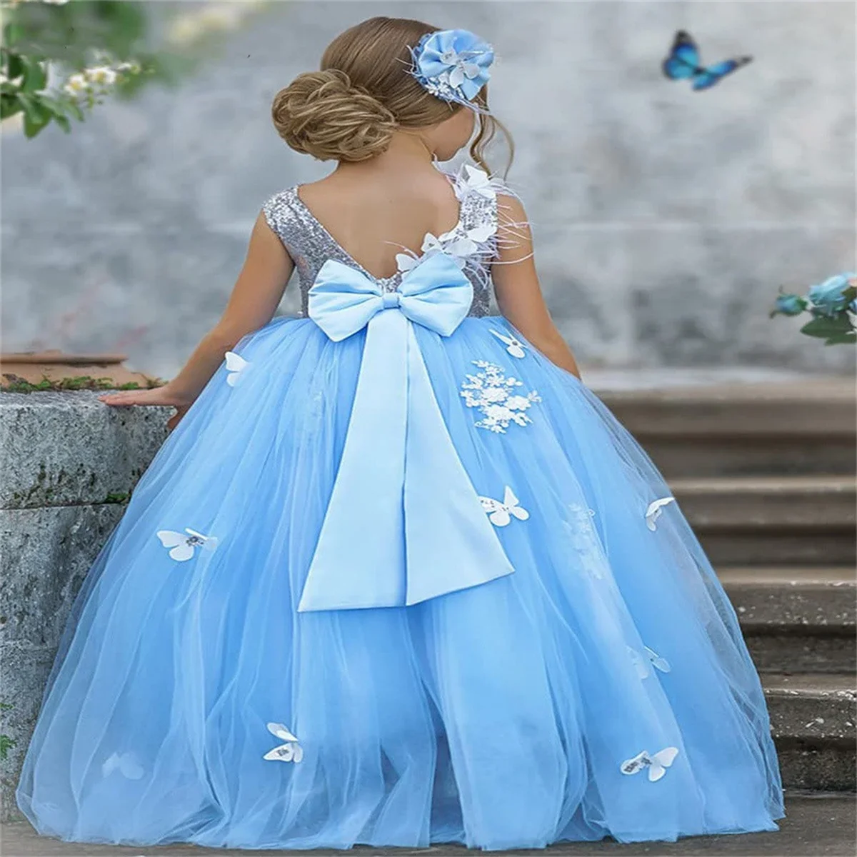 Blaue Tüll flauschige Applikation Pailletten ärmellose Schleife Blumen mädchen Kleid für Hochzeits kind erste eucharis tische Geburtstags feier Kleider