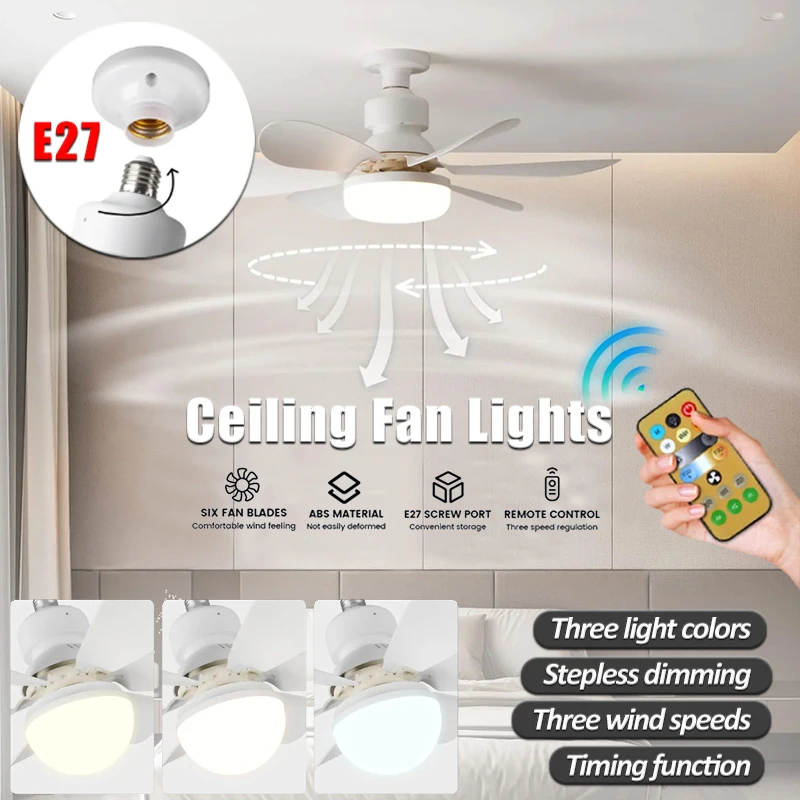 Ceiling Fans Light Remote Control Dimmable LED Lamp E27 Silence Removable Fan Blade Ceiling Fan for Bedroom Bathroom Kitchen