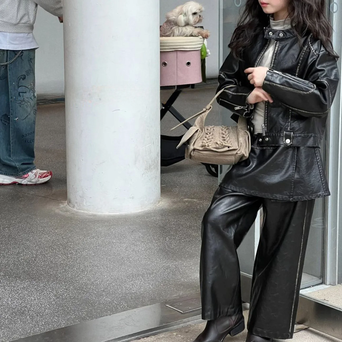 Girls' Suit Children's Spring and Autumn New Style Black Super Cool Jacket and Pants Fashion Kids Two Piece Set