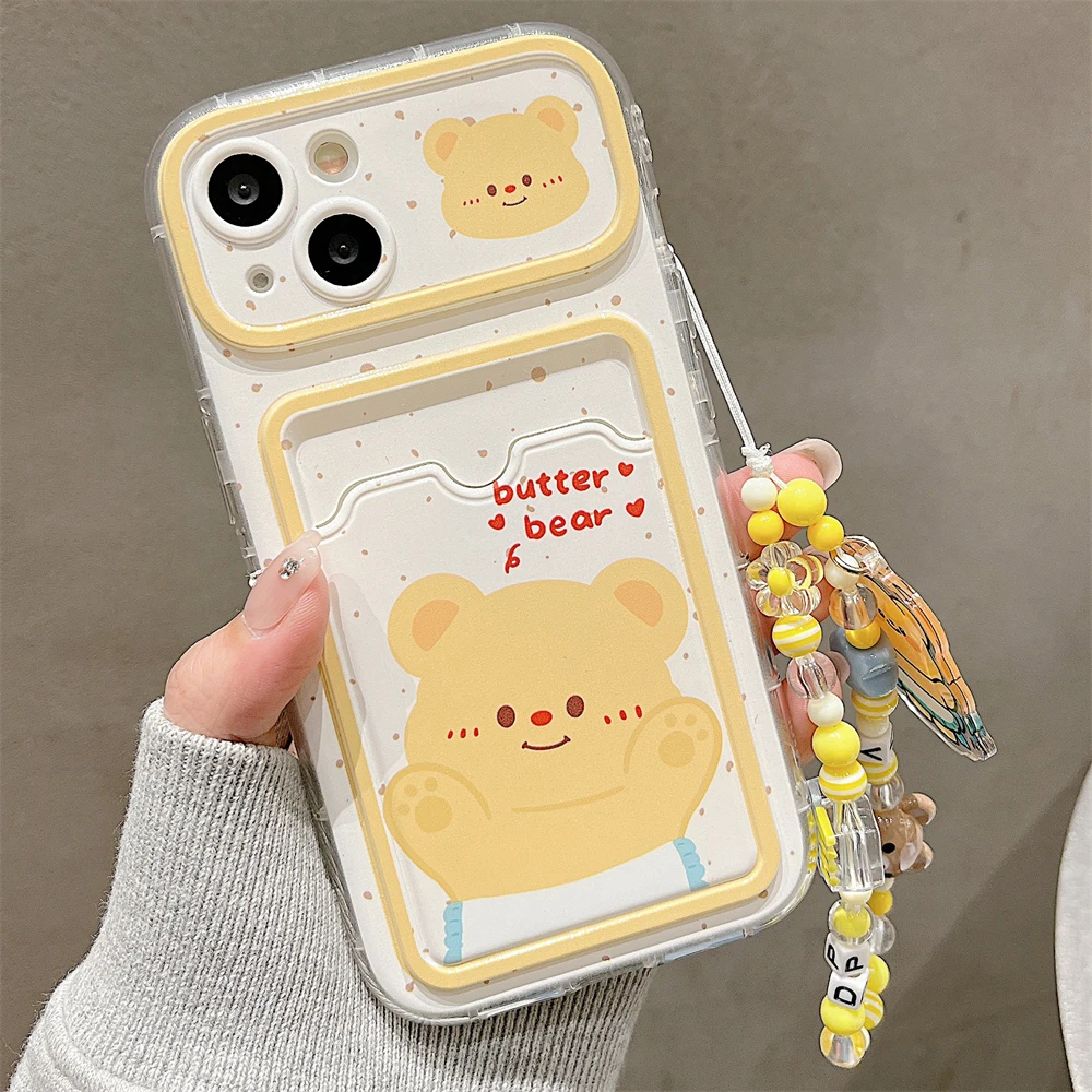 Korean Cute Cartoon Bear Card Bag Bracelet Phone Case For iphone 15 14 13 Pro Max 12 11 Lovely Lens Protection Bumper Cover Capa