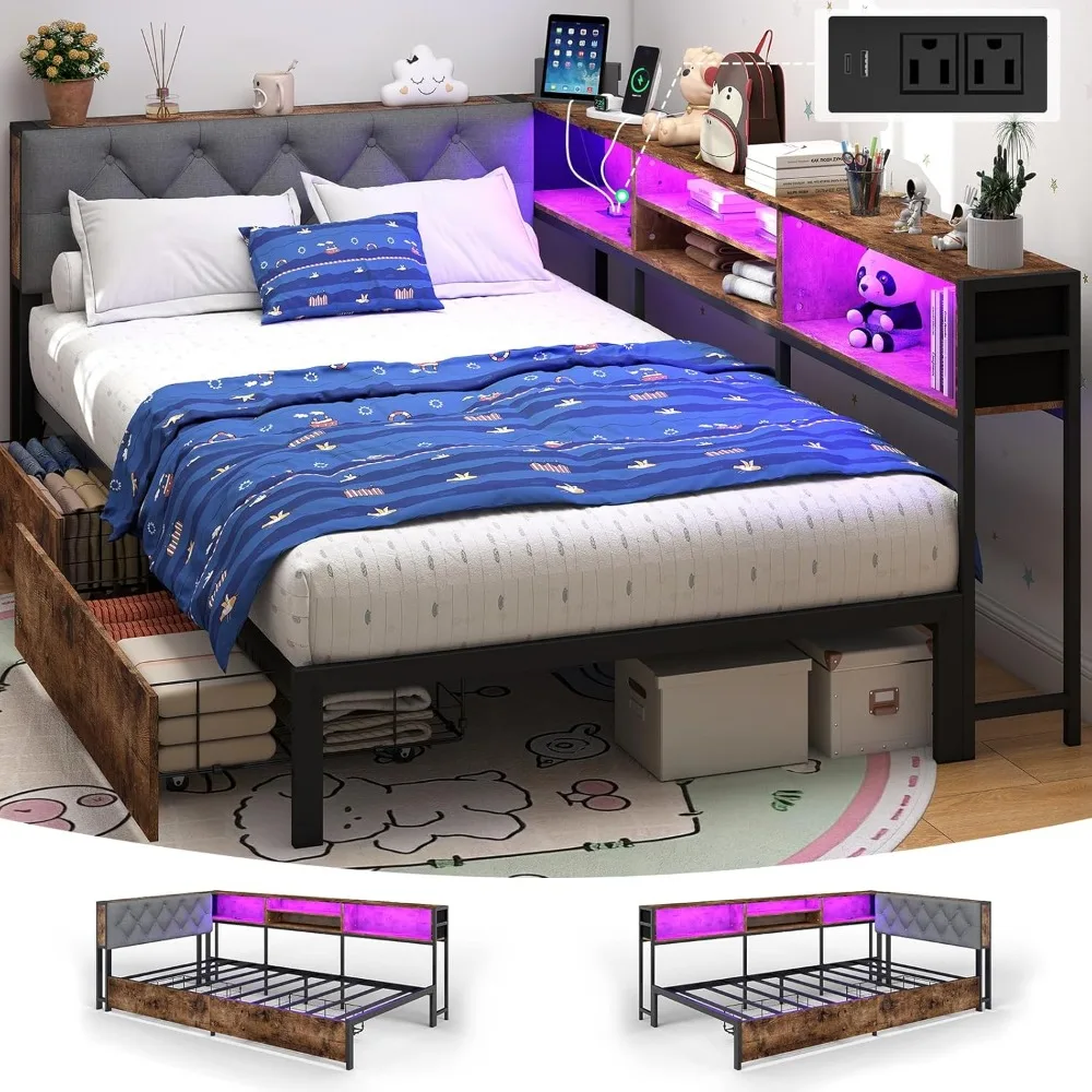 Corner Bed Frame with Storage Bookcase and LED Lights Twin XL Platform Bed Frame with Upholstered Headboard and Charging Station